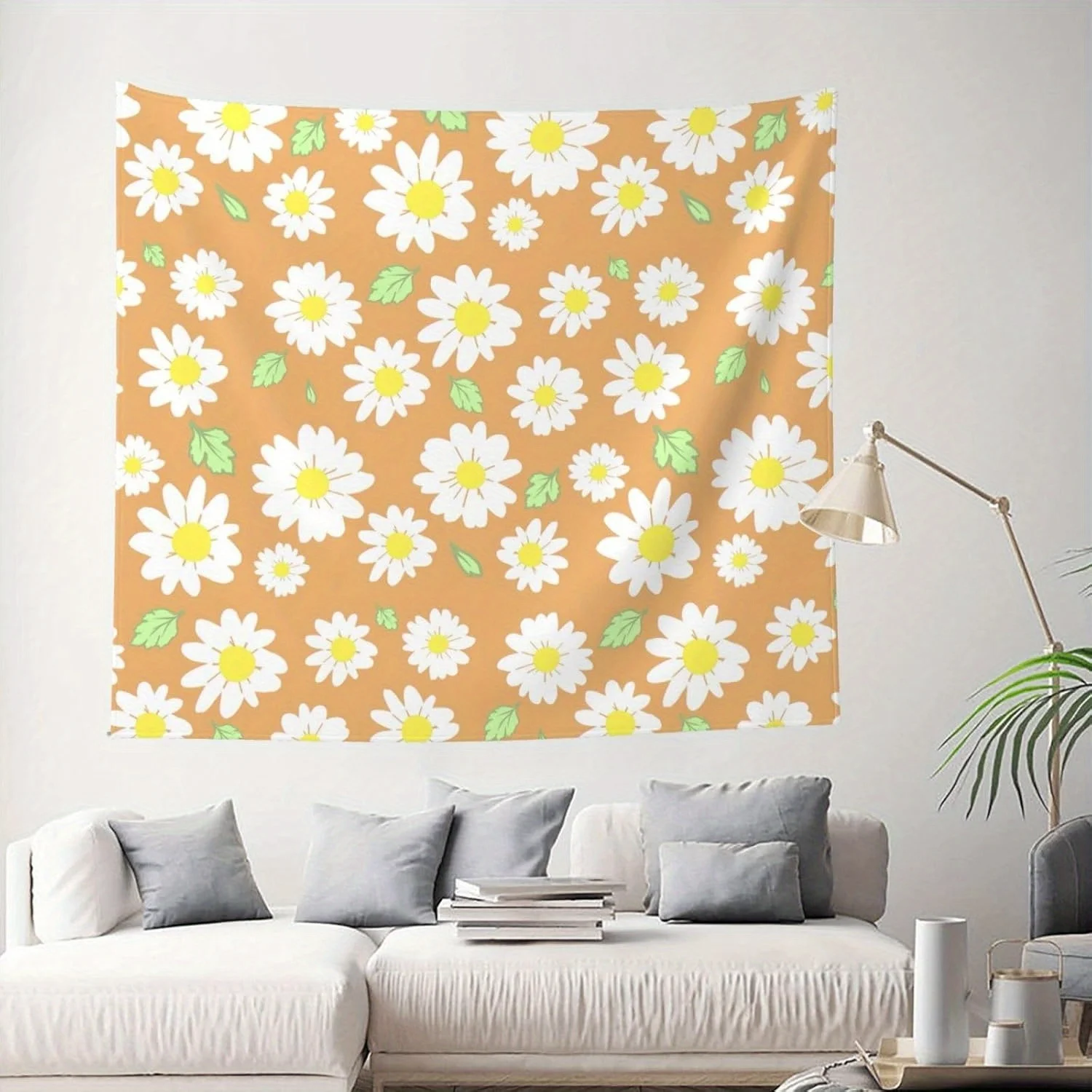 1pc White daisy and green leaf pattern tapestry, polyester fabric, machine washable, suitable for bedroom and living room décor.