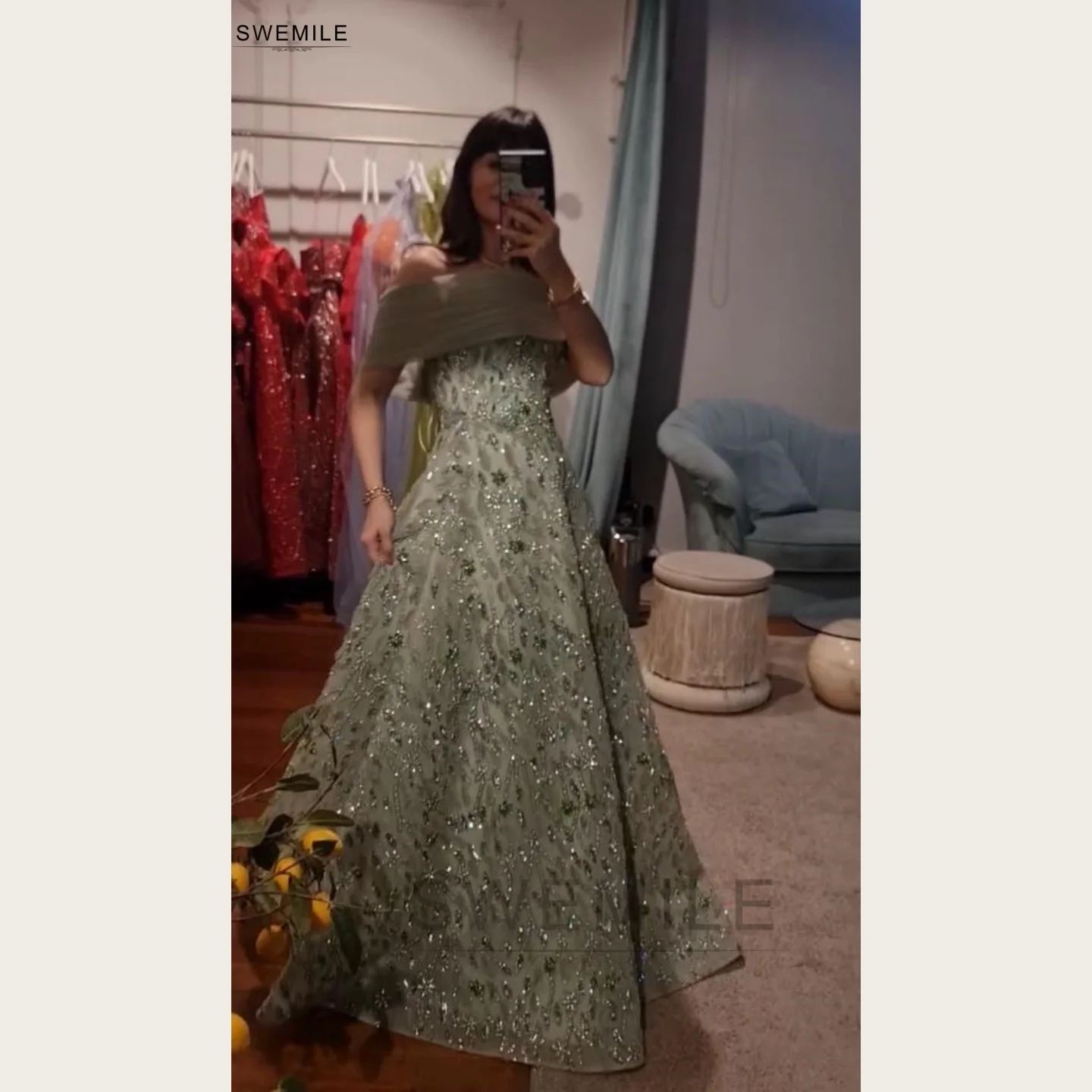 SWEMILE Off Shoulder Crystal Beaded A-Line Evening Dress