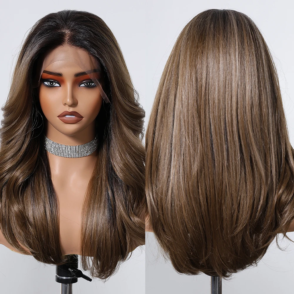 Long Body Wave Synthetic Wigs 13*6 Transparent Lace Frontal Wig Pre Plucked Black Brown Highlight Loose Wave Wig for Afro Women