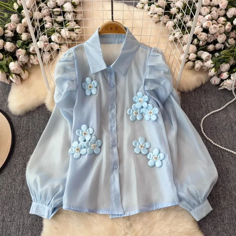 Vintage Sweet Women Clothing Blusas Mujer Turn Down Collar Single-breasted Blouses Diamonds Stereo Flower Lantern Sleeve Shirts