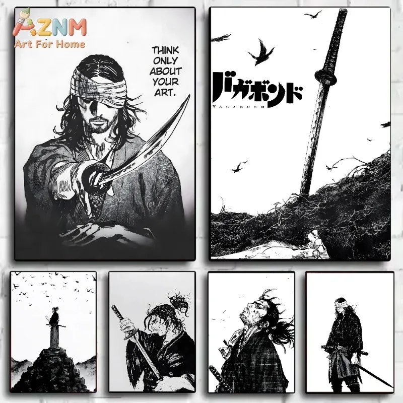Black White Samurai Canvas Wall Art Vagabond Manga Ink Print Japanese Bushido Warrior Man Cave Wall Decor Unframed