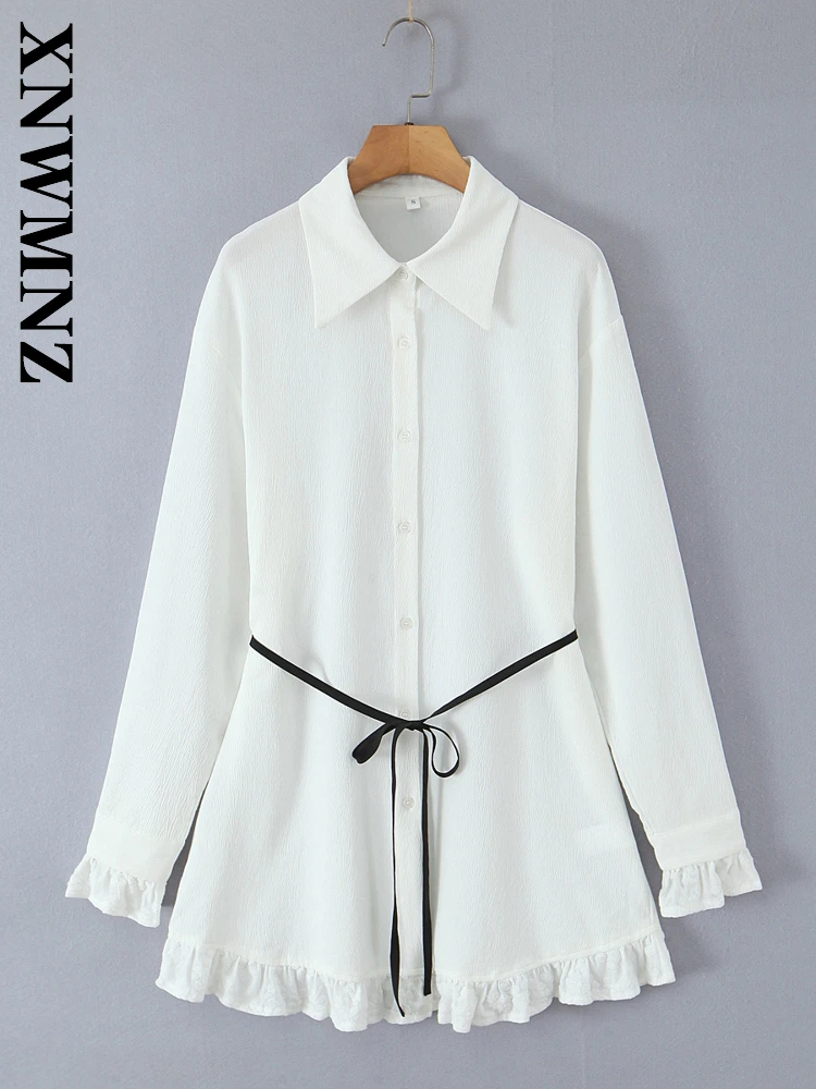 

XNWMNZ 2025 весенний новый женский шикарный топ с отложным воротником и рюшами и длинными рукавами, модный простой женский повседневный топ с длинными рукавами