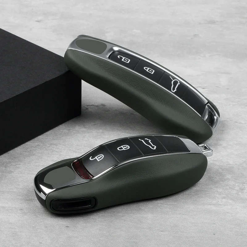 

Leather Midnight Green Car Remote Smart Key Case Cover Accessories For Porsche Panamera Macan 718 Taycan 911 Cayman Boxster 971
