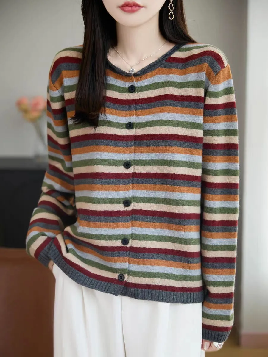 

Высококачественный вязаный кардиган в полоску в стиле ретро, женский модный универсальный свитер, теплый топ, осенне-зимний новый Sle для поездок на работу
