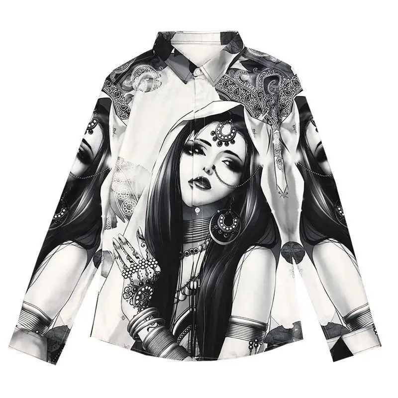 KPOP Fashion Style Harajuku Slim Fit Tops Loose Casual All Match Shirts Korean Blouses Printed Pointed Collar Long Sleeve Blusa