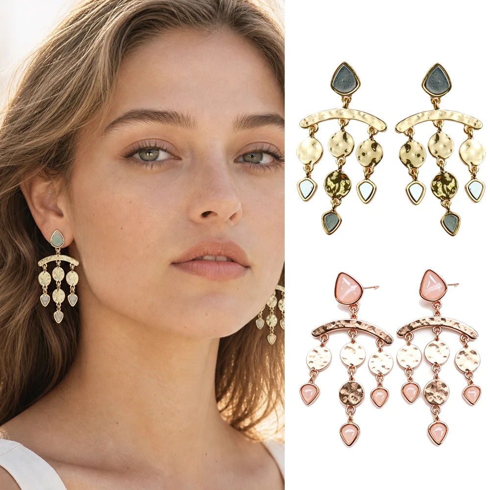 Women Bohemian Tassel Drop Earrings Irregular Shell Inlaid Multi Layer Metal Disc Dangling Ear Ornaments