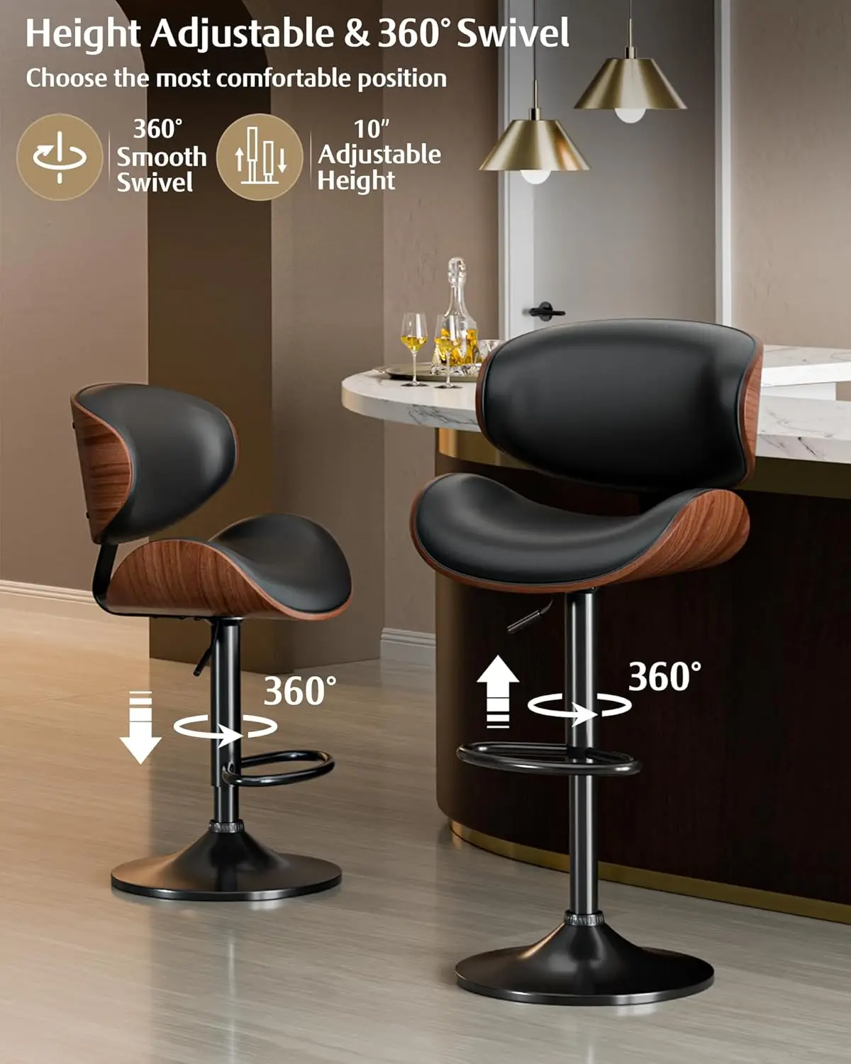 Conjunto de 2 bancos de bar giratórios ajustáveis de couro, cadeiras modernas de ilha de cozinha pretas com encosto e apoio para os pés