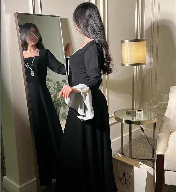 Saudi Elegant V-Neck Prom Dress Black Evening Party Dresses Mermaid Floor-Length Satin Formal Occasion Wedding Party Dresses