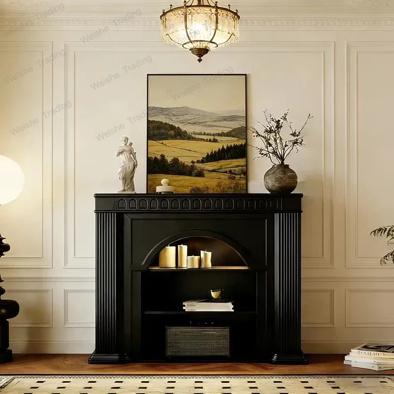 French cream style all solid wood fireplace decorative cabinet American retro living room fireplace side cabinet entry black