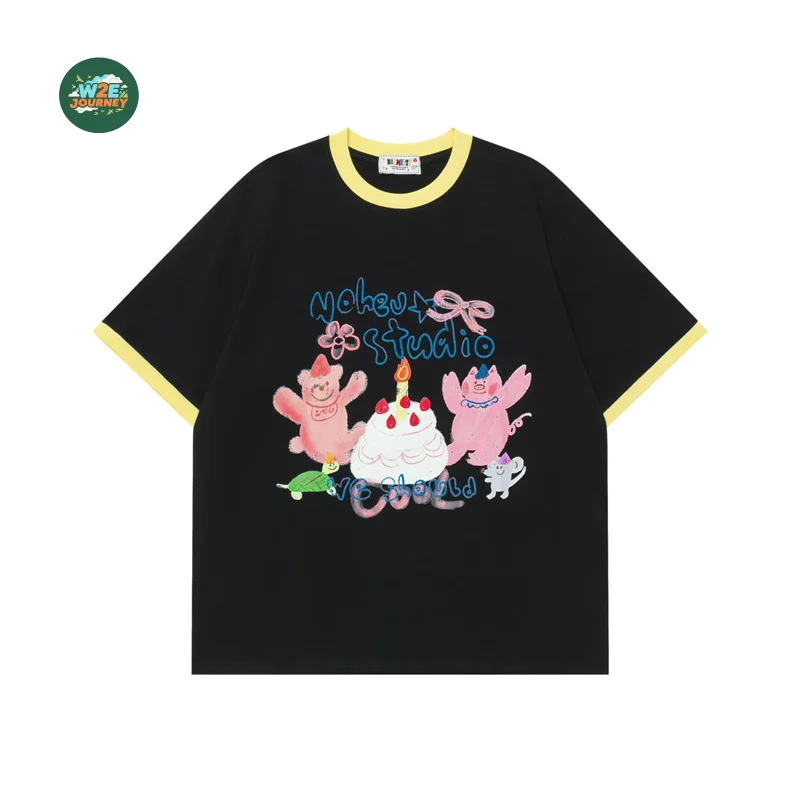HELLOMARCEL Luxury Quality EU US Size Casual T-Shirt High Street Summer Retro Fun Cake Party Design Casual Unisex Tshirt