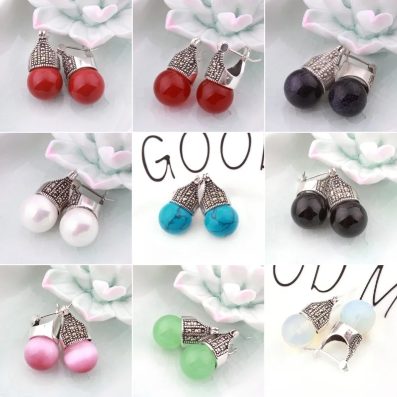 

12mm Round Ball Opal Turquoises Sandstone Stone Beads Tibetan Silver Fashion Earring 1 Pair For Woman Gift 1 Pair