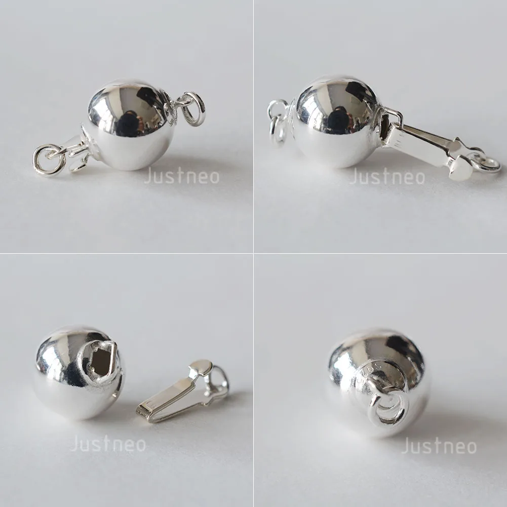 Solid 925 Sterling Silver Round Ball Box Clasp for Pearl Necklace Jewelry diy Components, 1 piece/lot