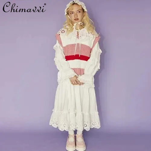 

Japanese Mori Girl Retro Lace-up Bow Embroidered Doll Collar Long Sleeve Loose A-line Sweet Cute Inner Long Dress Women Autumn