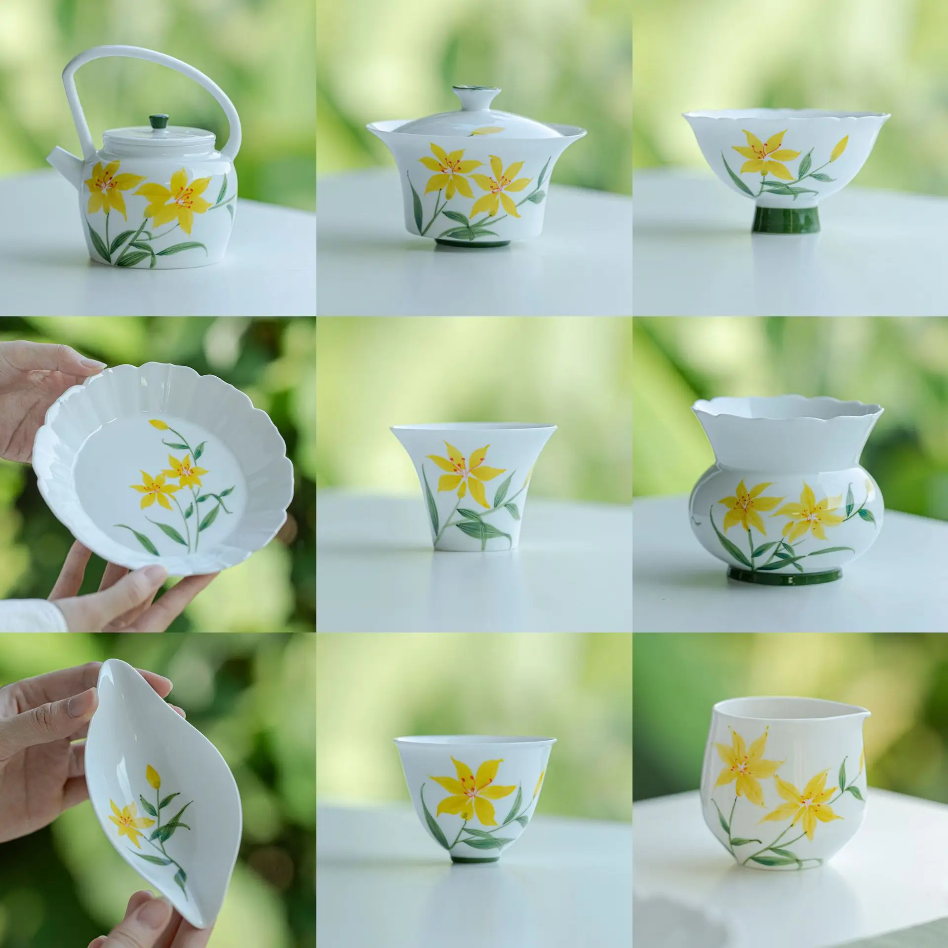 Pure hand-painted iris flower kung fu tea set jade mud white porcelain household cover bowl