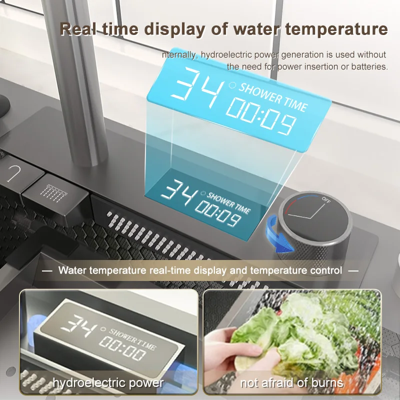 Digital Display Waterfall Sink Stainless Steel Kitchen Sink Embossed Washbasin With Waterfall Faucet For Kitchen Renovation