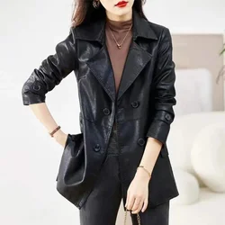 2024 Spring Women's New Mid Length Fashion Casual Windbreaker Coat Women's V-neck Double Breasted Slim Fit Vintage Leather Coat