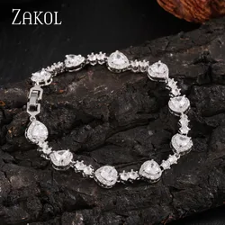 ZAKOL Brand Luxury Delicate AAA Cubic Zirconia Heart Charm Bracelets Bridal Wedding Jewelry for Women Gift