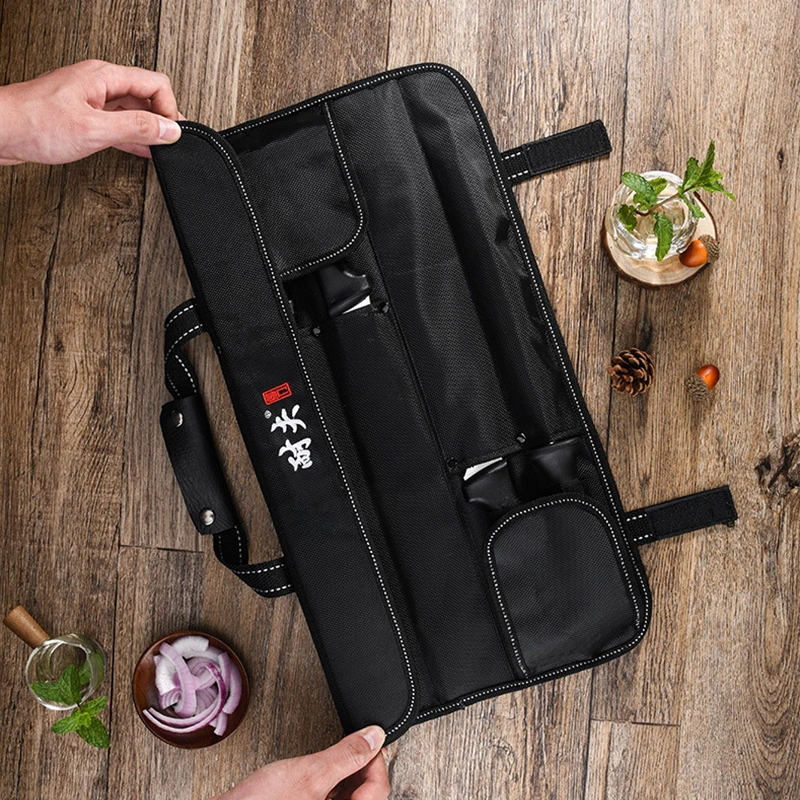 黒色のキャンバス製シェフナイフ収納バッグ。携帯用、包丁やキッ - Camping Cooking Roll のレビューと価格