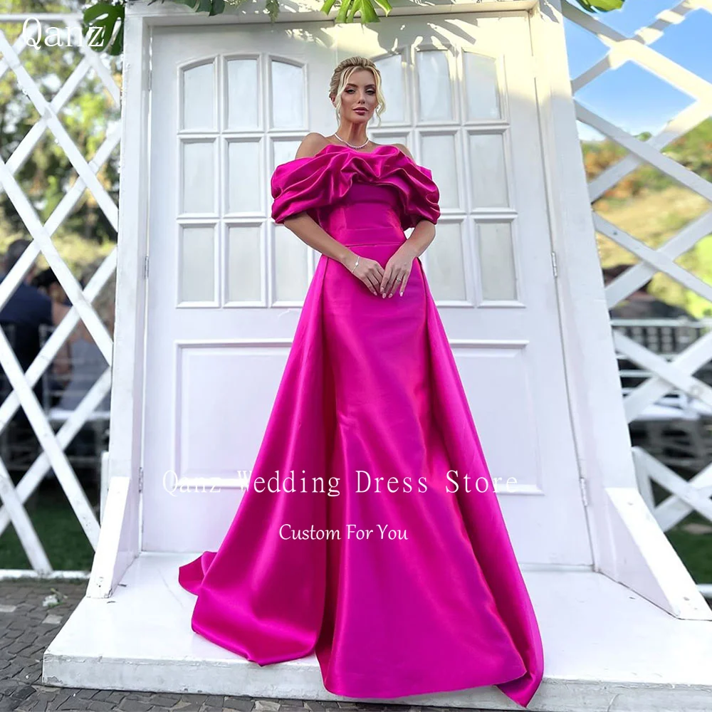 Qanz Women Long Fuchsia Prom Dresses Mermaid Off Shoulder Evening Party Gowns Celebrity Dress Satin Vestidos De Festa Customized