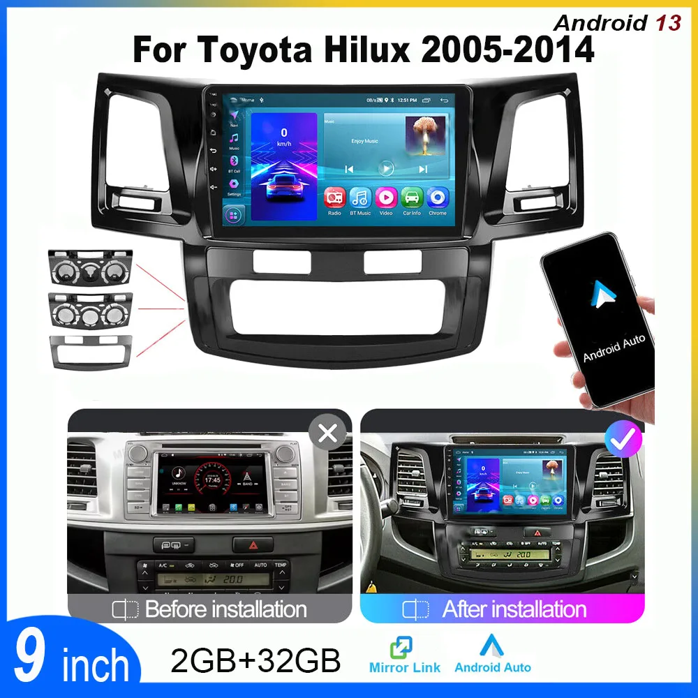 9-дюймовая автомобильная стереосистема Mirrorlink для Carplay, GPS-навигация, автомобильный радиоприемник, Wi-Fi камера, AHD резервная Android 13 для Toyota Hilux 2005-2014
