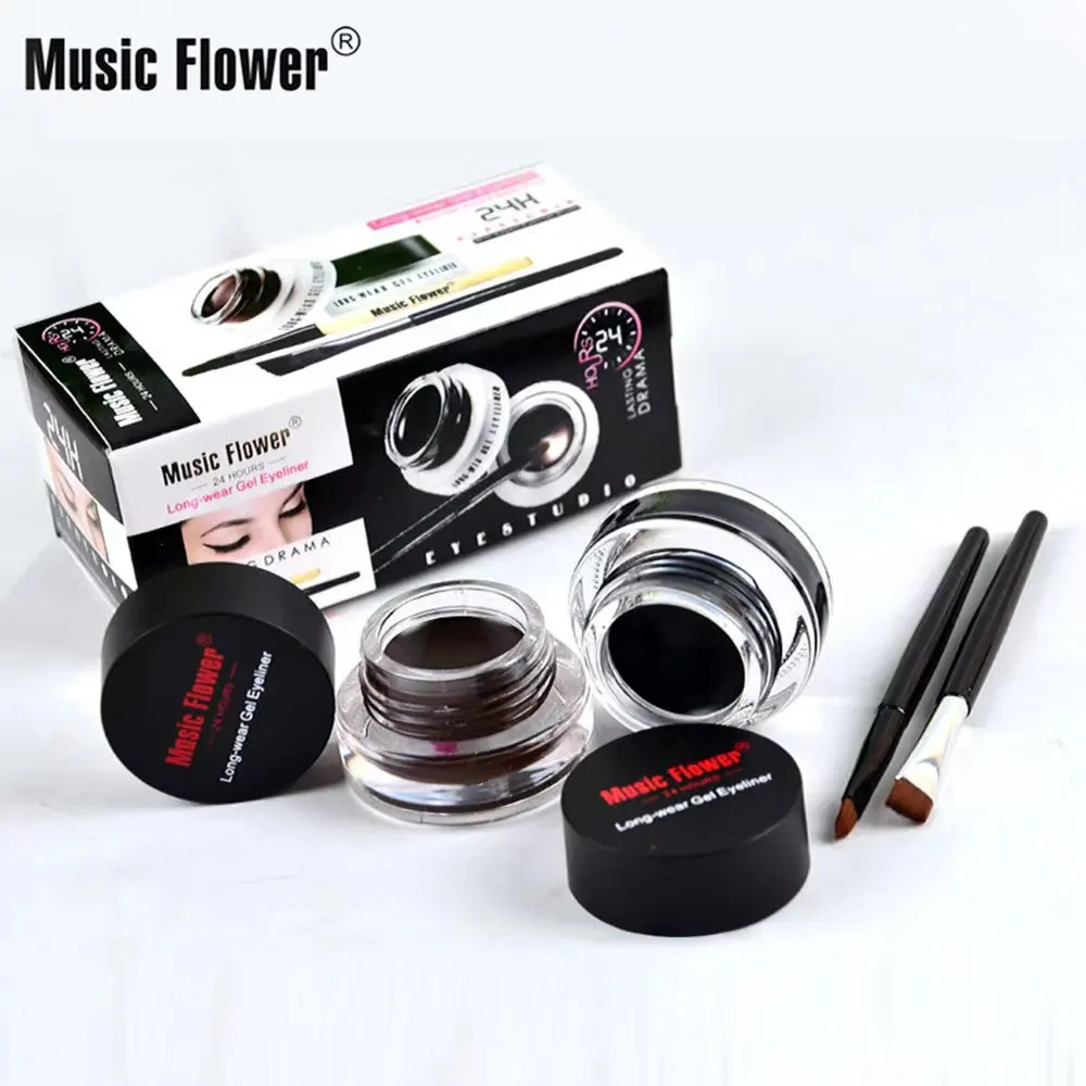 Music Flower 2 In1 Eyeliner Gel Makeup For Women Brown Black Lasting Waterproof Blue Violet Eye Liner With Brushes Cosmetics Set