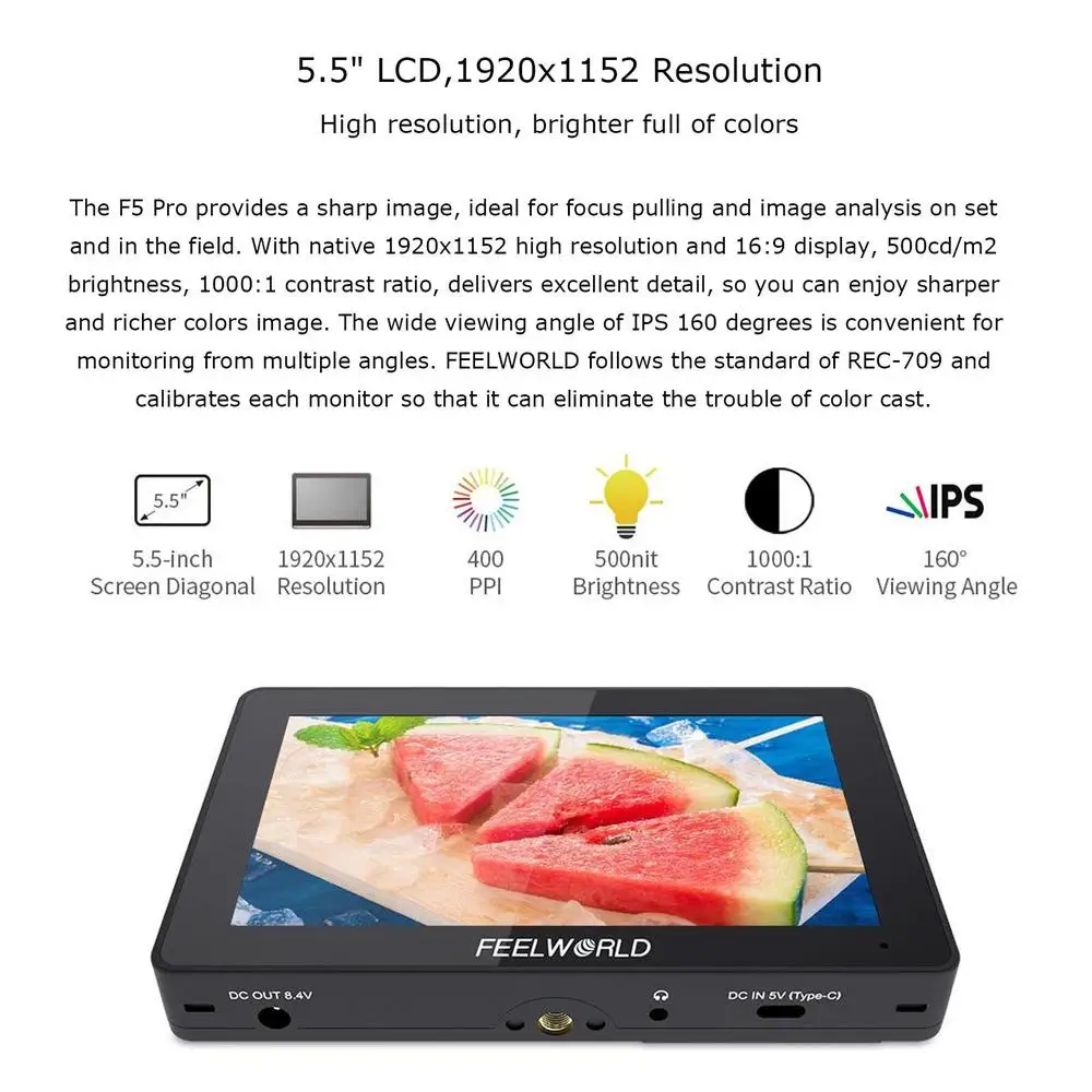 كاميرا Feelworld F5 PRO V4 مقاس 6 بوصات تعمل باللمس ثلاثية الأبعاد LUT للمراقبة الميدانية DSLR مع مجموعة طاقة خارجية F970 مخرج إدخال HDMI 4K #5