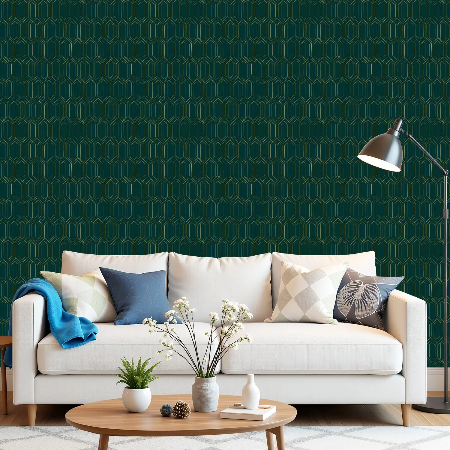 

Геометрические шестиугольные золотисто-зеленые обои 22,83 "X 118" водонепроницаемые обои для гостиной/спальни/ванной комнаты ПВХ стикер на стену