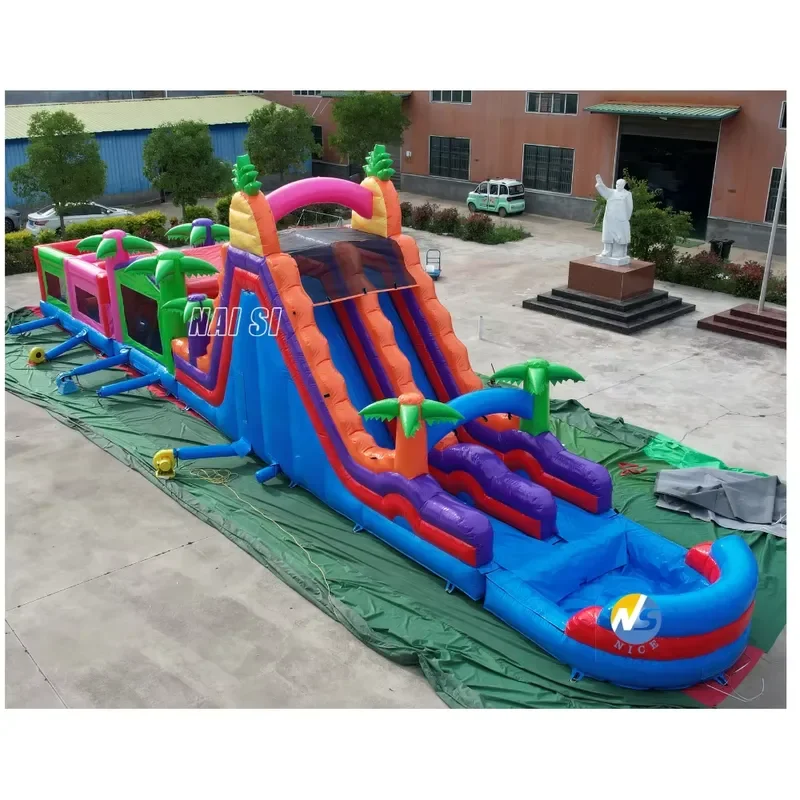 Cheap Price Commercial Water Inflatable Obstacle Course with Pool Tropical Inflatable Water Slide for Kids