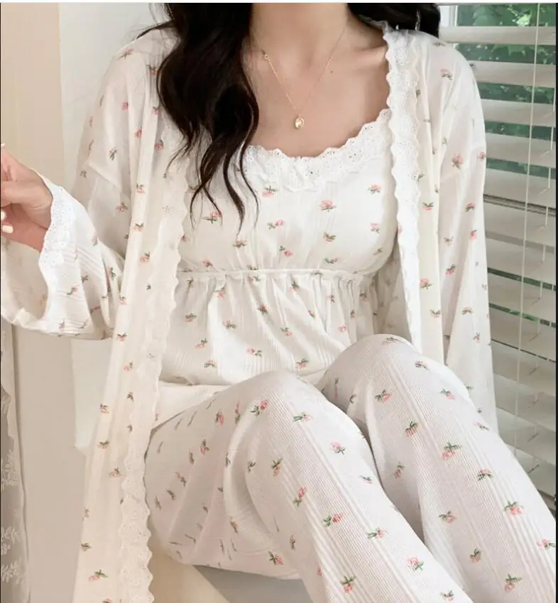 New Lace Pink Cotton Maternity Nursing Sleepwear Elegant Loose Pajamas Suit for Pregnancy Pregnant women breastfeeding pajamas