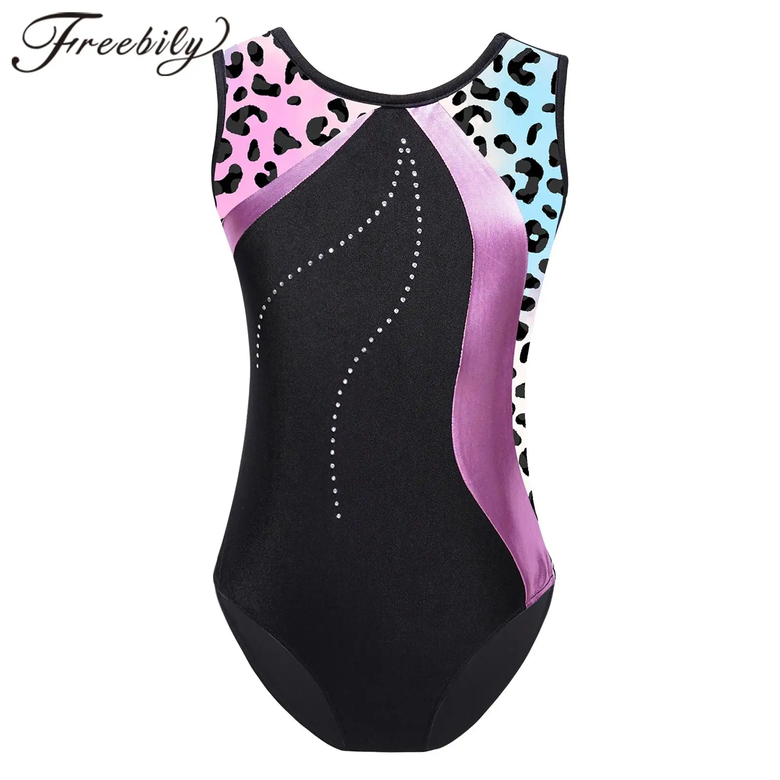 

Kids Gymnastics Bodysuit for Girls Print Leotard Patchwork Sleeveless Gymnastics Jumpsuit Children Ballet Dance Skating Leotard