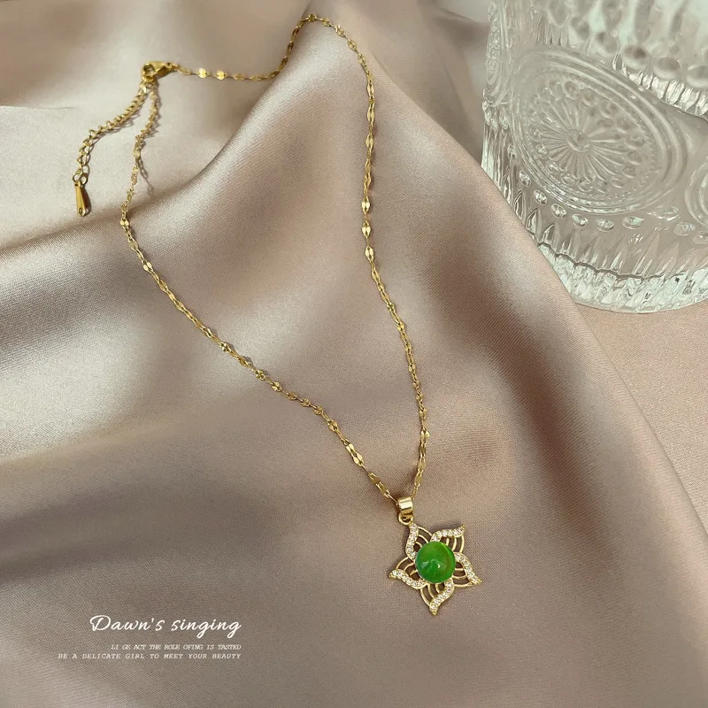 الفولاذ المقاوم للصدأ استشعار درجة الحرارة اللون تغيير الأزرق الأخضر كريستال قلادة زهرة المزاج حجر سلسلة قلادة للنساء #4