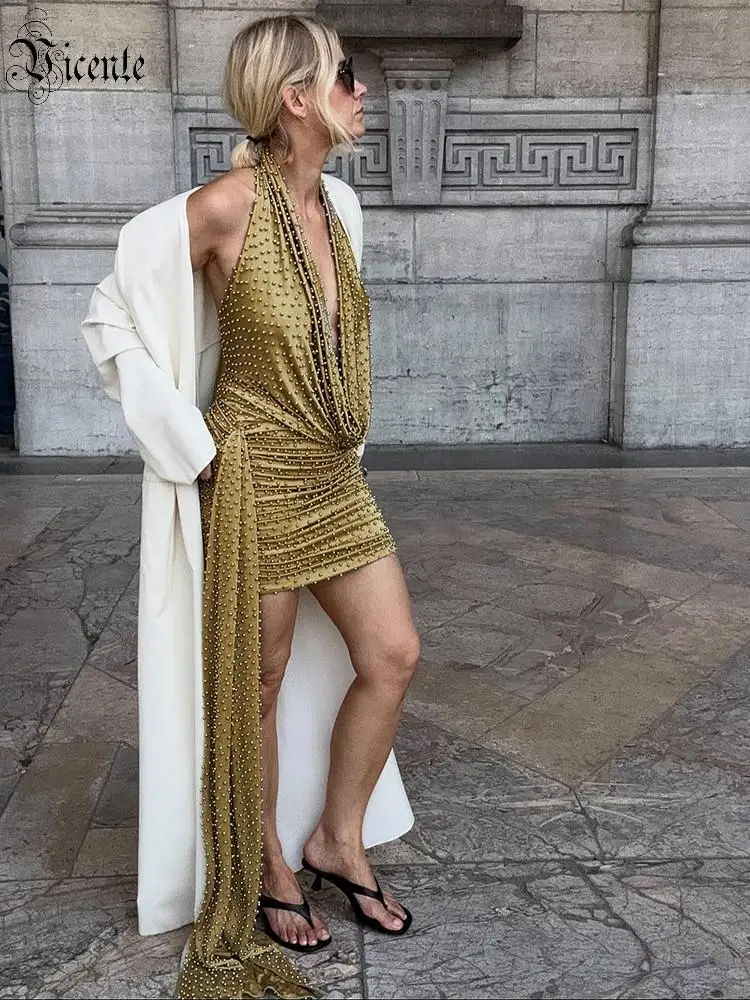 

VC Gold Halter Deep V Mini Bodycon Dress Beaded Ruched Party Club Dress Festival & Fashion Party Short Dresses Woman Clothes