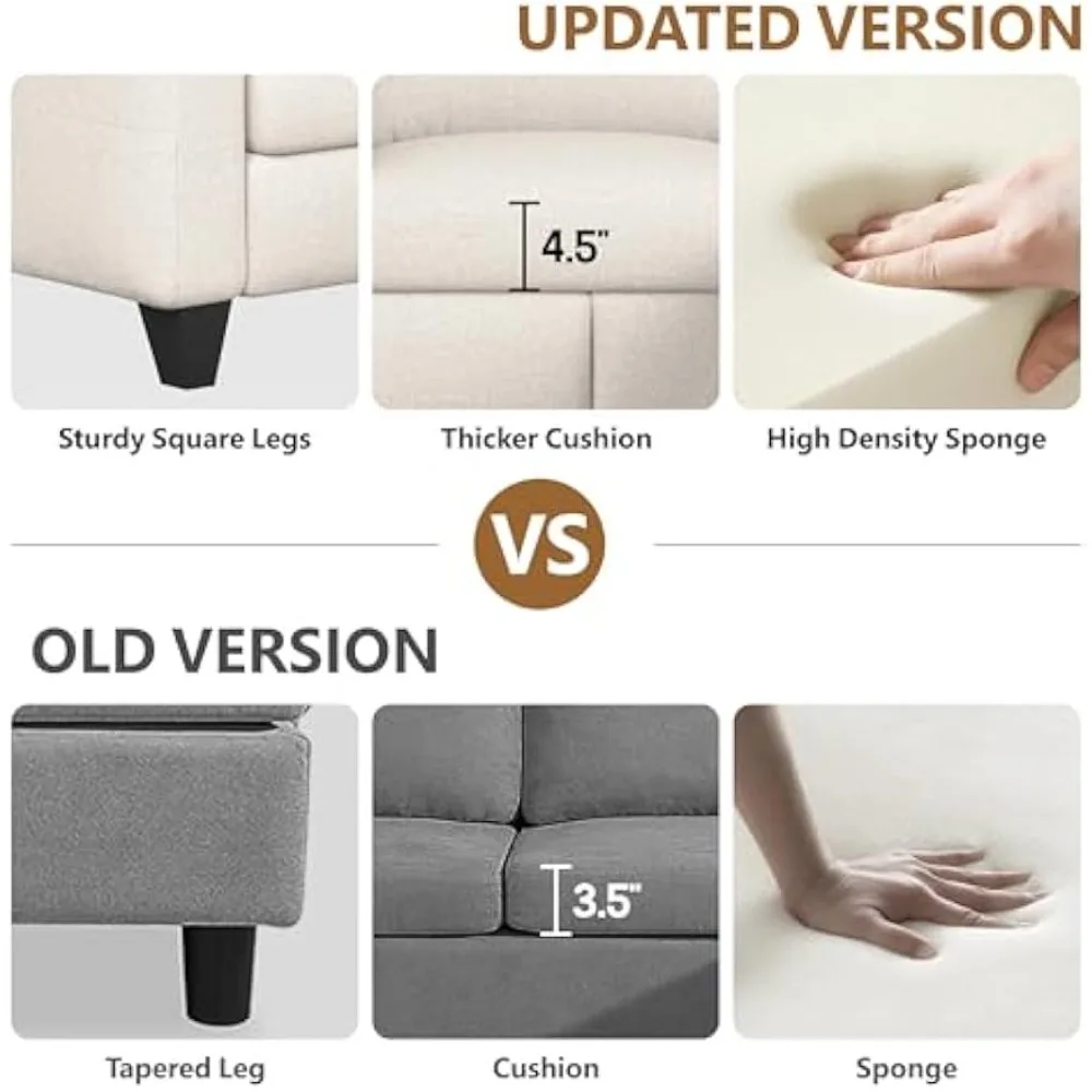 أريكة مقطعية قابلة للتحويل على شكل حرف L، أرائك بيج لغرفة المعيشة مع كرسي قابل للعكس، كتان حديث بثلاثة مقاعد C