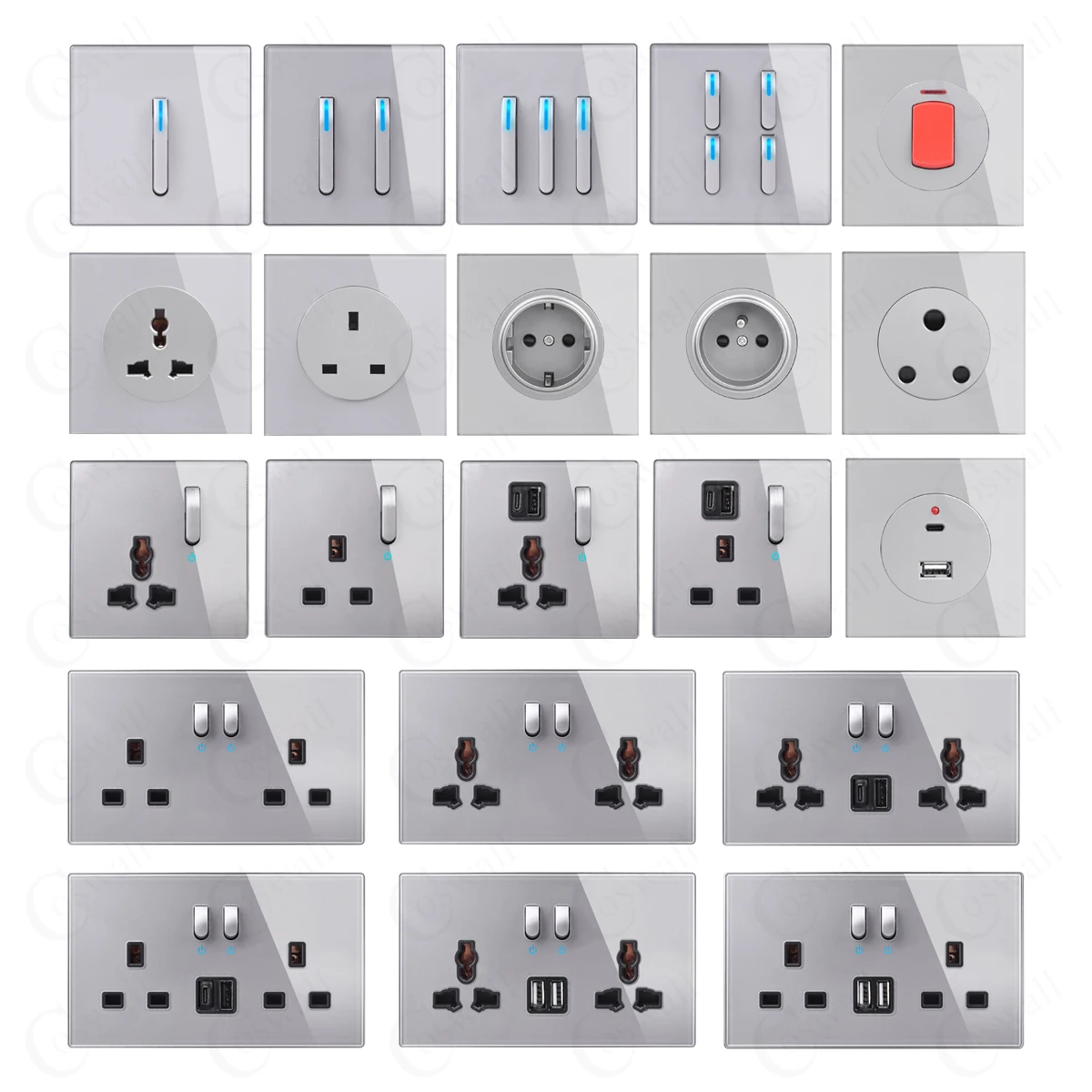 COSWALL 1/2/3/4 Gang 1/2 Way Piano Key Design On / Off Wall Light Switch Backlight Data CAT6 HDMI USB Charging Glass Panel White