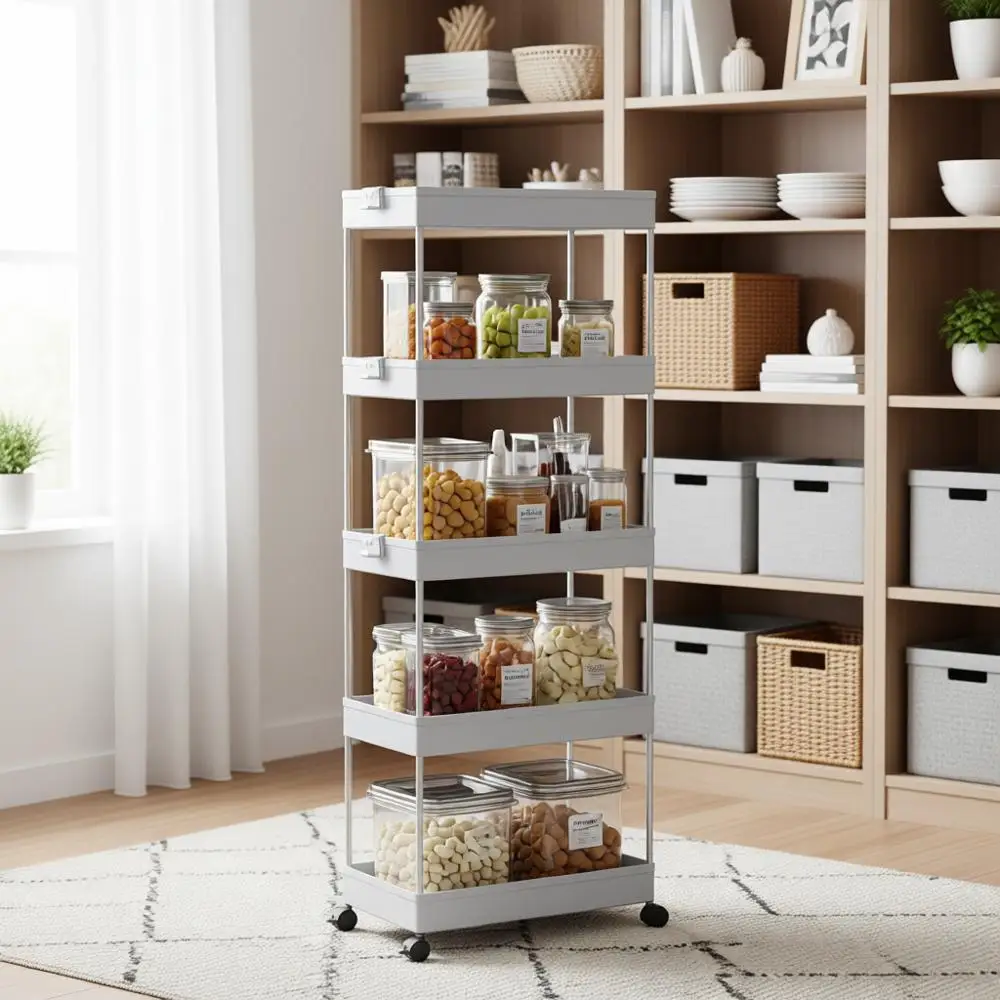 

5-Tier Rolling Cart, Bathroom Storage Organizer, Utility Cart, Mobile Shelving Unit, Slide Out Shelves, Kitchen Living Room Laun