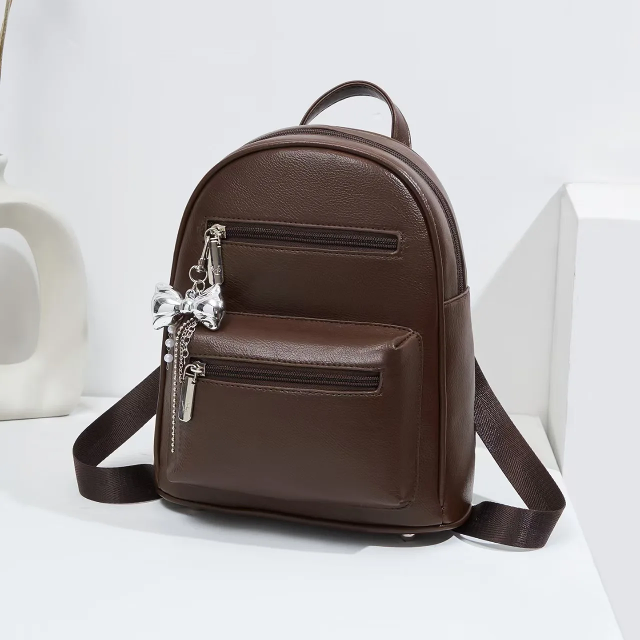 Women Mini PU Leather Backpack Sweet Bow Pendant Small Backpack Casual Daily Travel School Bag Ladies Fashion Lightweight Rucksa