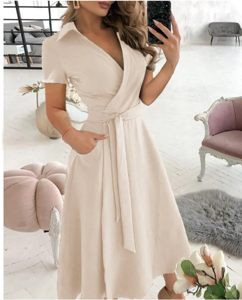 2024 Wholesale Office Lady Women Casual A-Line Wrap Dress Ladies Print Long Sleeve V-Neck Dress Pocket Elegant Midi Party Dress