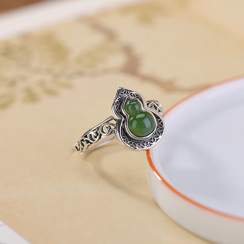 Amxiu Sterling Silver 925  Natural Hetian Jade Jasper Vintage Curly Grass Pattern Gourd Open Silver Ring