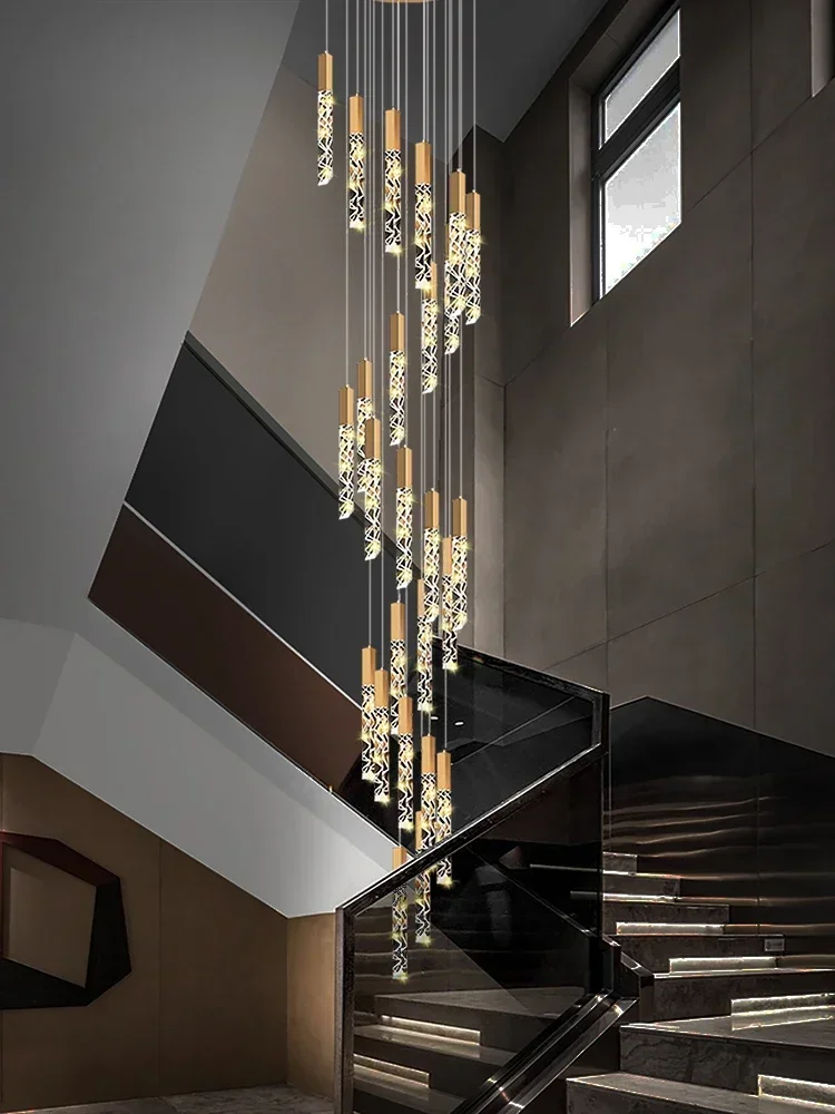 Modern Gold Crystal Staircase Pendant Lamp- Ceiling Lighting Fixture for Indoor Villa Loft
