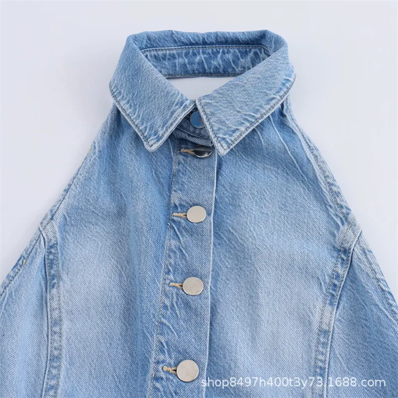 Estilo europeo y americano2025Mono de mezclilla casual suelto sin espalda de color sólido para mujeres