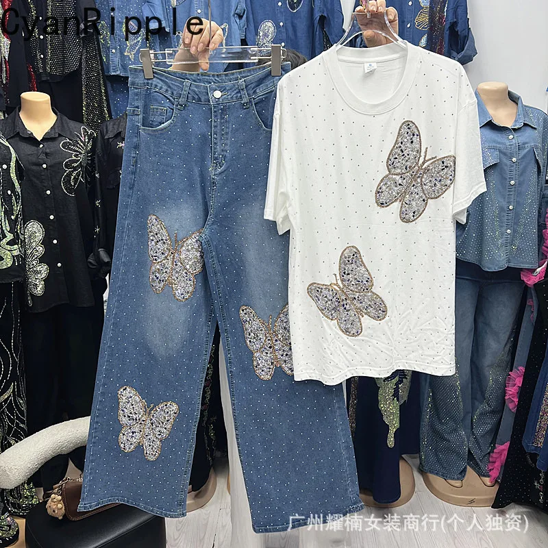 Fashionable Spring Summer Women Two-piece Set Butterfly Hot Diamonds White Short Sleeve T-shirt + High Waist Blue Denim Pants