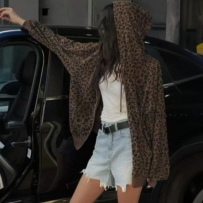 

Leopard Print Hooded Jacket for Women Thin Version 2025 New Style Early Autumn Loose Zipper Outerwear