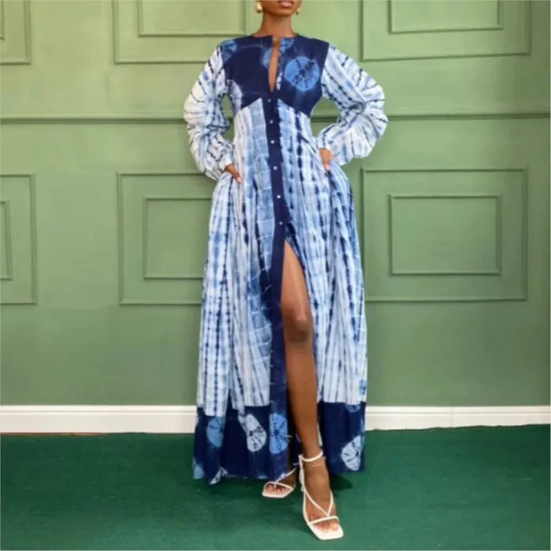 

Retro Elegant Print Women's Long Dress 2026 Spring Single Breasted Split O-neck Long Sleeved Maxi Dress Casual Loose Vacation