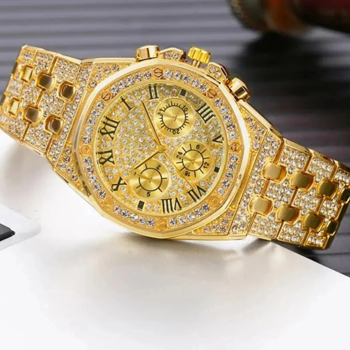 2Pcs Fashion Trend Luxury Luxury Hip Hop Three Eyes Rome Full Of Diamonds British Watch Atmospheric Diamond Bracelet Gift Set