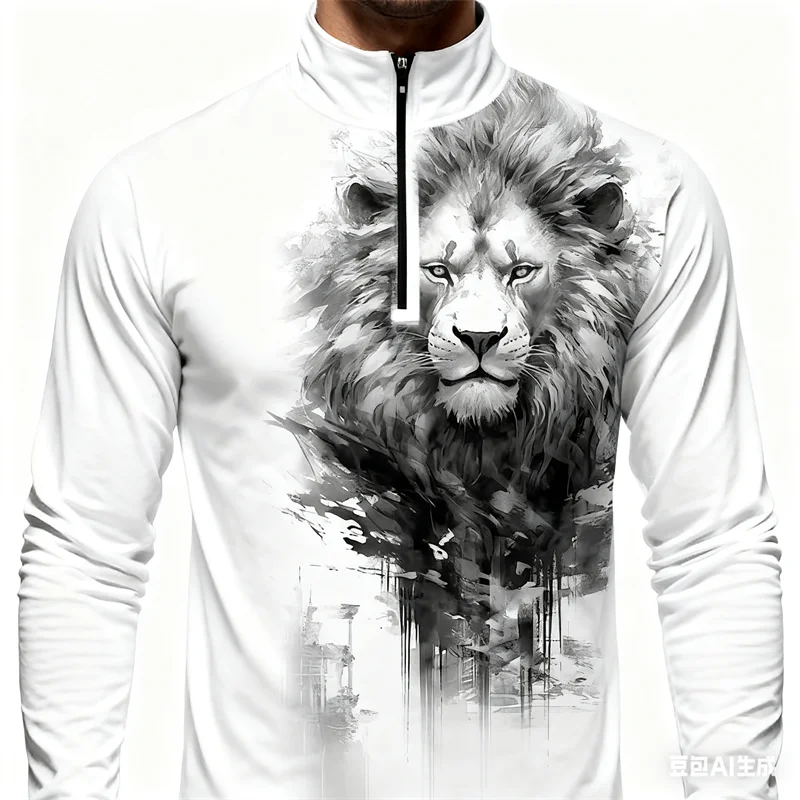 

Fun 3D Lion Printed Men's Half-zip Stand Collar Shirt Fashion Animal Pattern Long Sleeve Tops Autumn Loose Casual Men Clothing