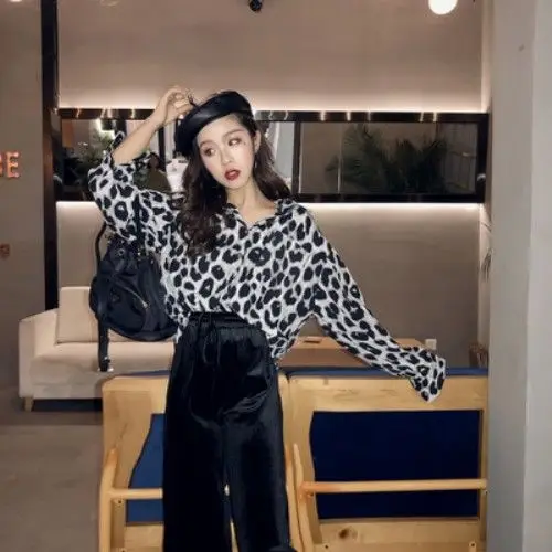 Korean Retro Fashion Loose and Personalized Chic Leopard Print Chiffon Shirt for Women Long Sleeved with Bottom Leopard Print