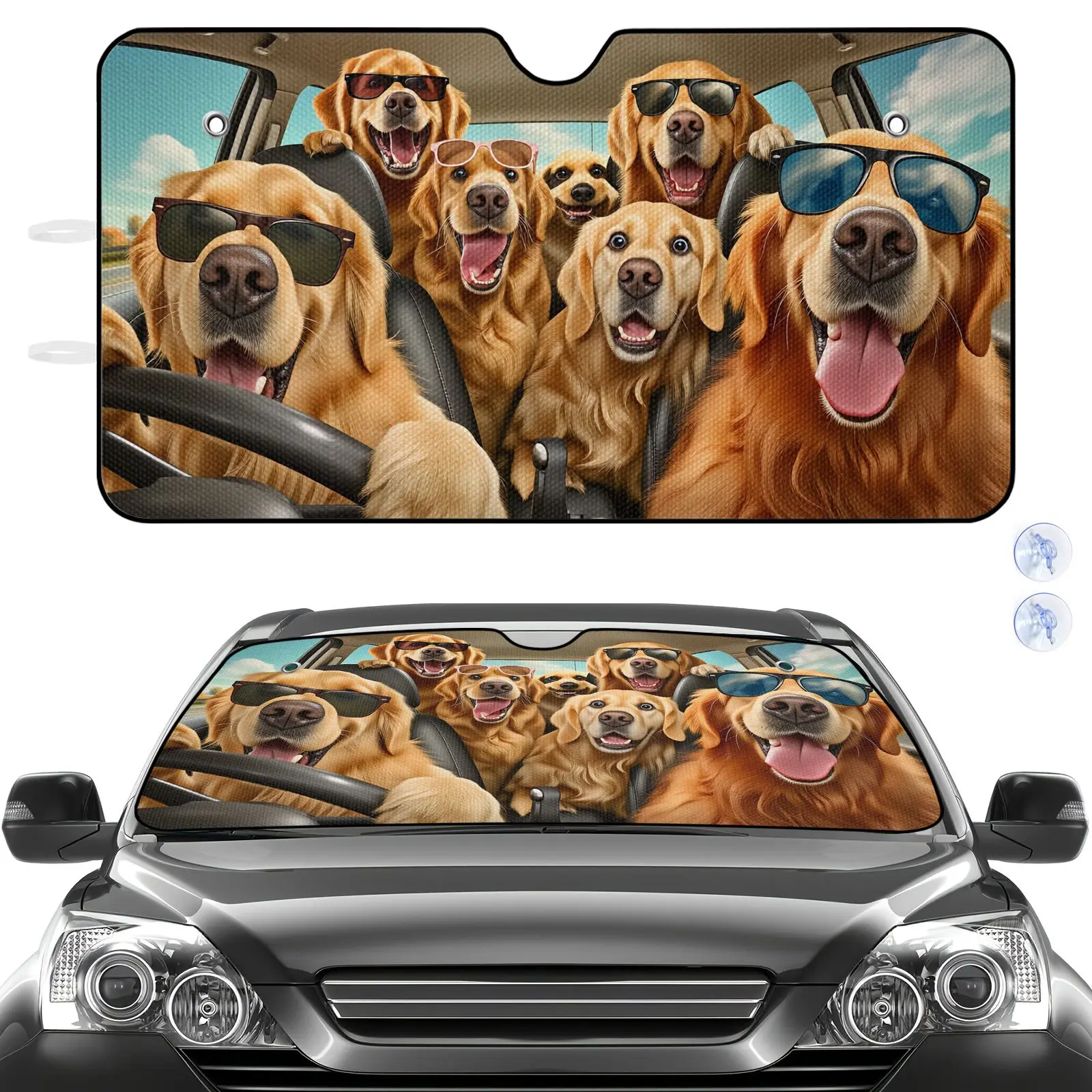 Parasol para coche con diseño de perros Golden Retriever negros con gafas | Fibra de poliéster, universalmente aplicable para la protección del interior del automóvil