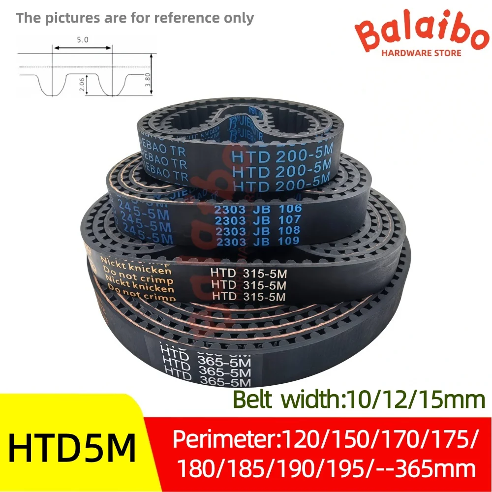 

HTD5M Timing belt width 10/12/15mm perimeter 5M120/150/170/175/180/185//190/195/---5M365mm High torque rubber belt