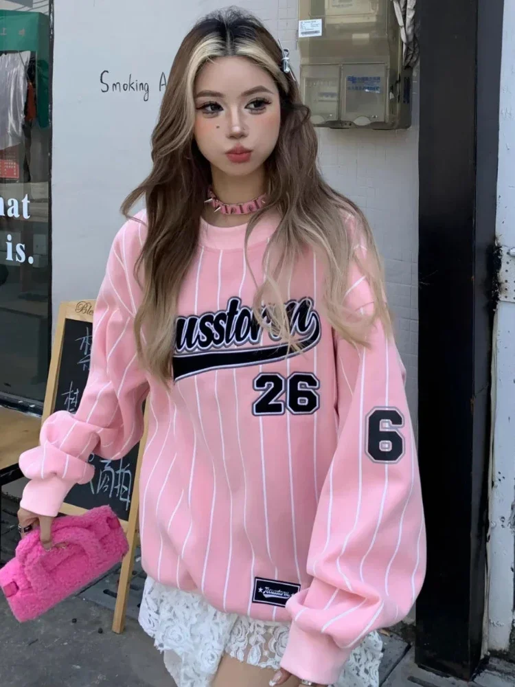 

ADAgirl Y2k Pink Oversized Sweatshirt Female Striped Long Sleeve Baseball Hoodie Hip Hop Streetwear Casual Women Clothing Kpop