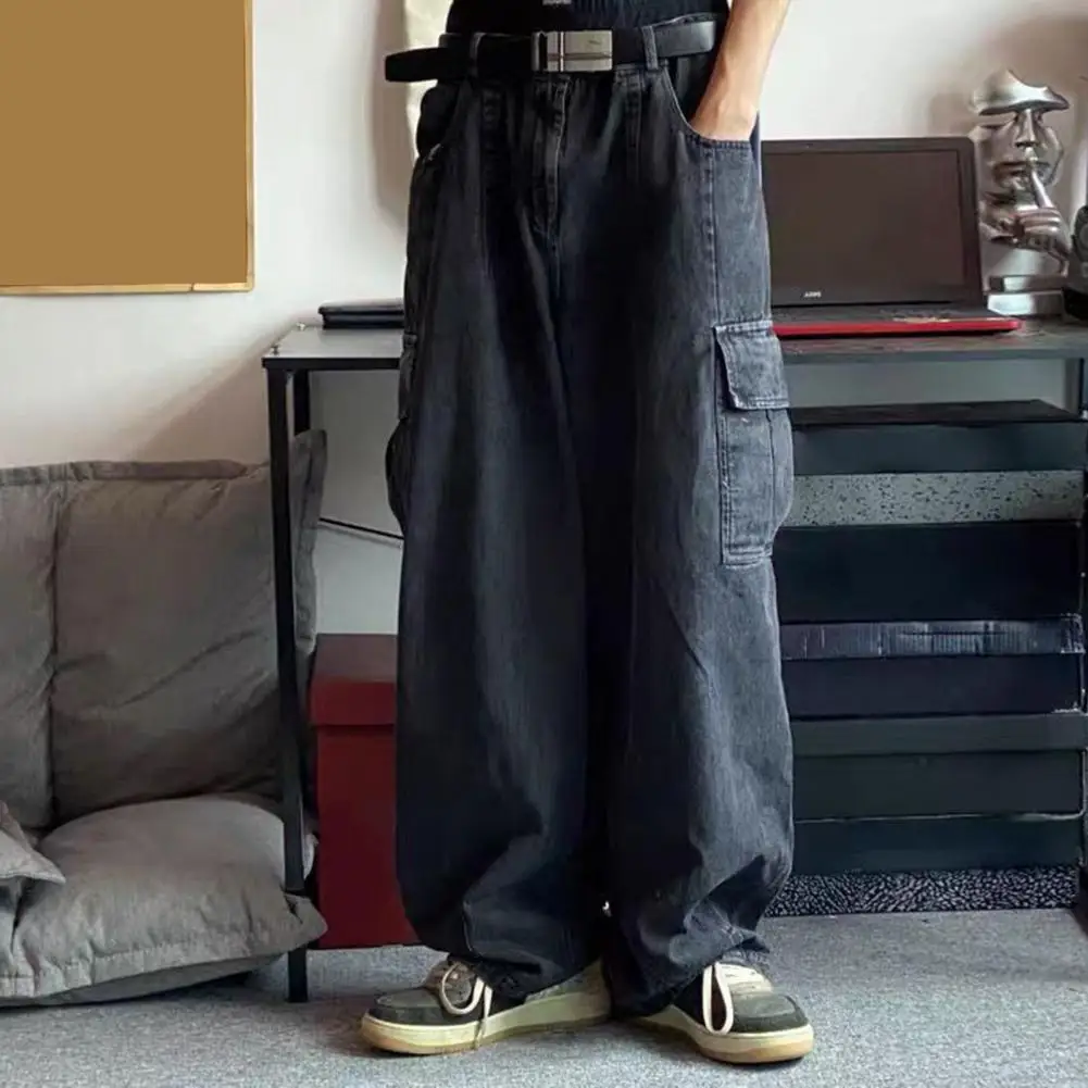 

Men Cargo Pants Men's Mid-rise Retro Cargo Pants with Multiple Pockets Straight Wide Leg Design Solid Color for Streetwear